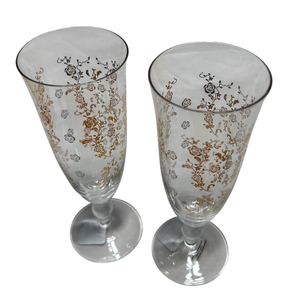 Set of 2 Vintage Champagne Flutes Gold PlatinumFloral Design Made in Poland